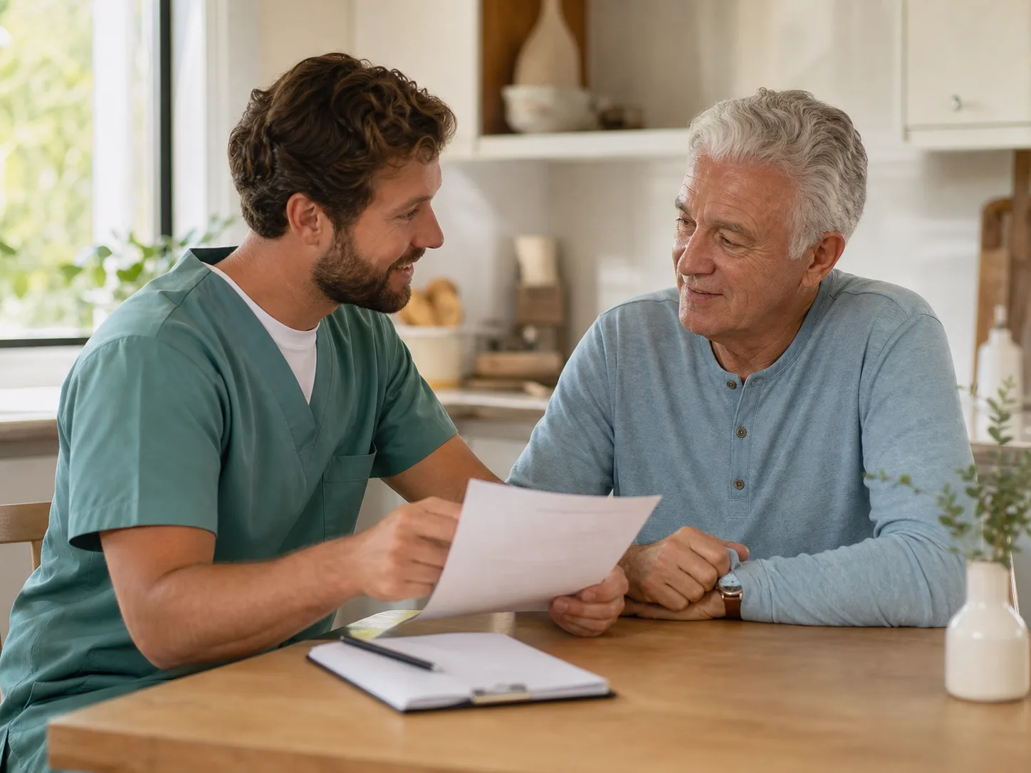 A home health professional reviewing a care plan with an older adult