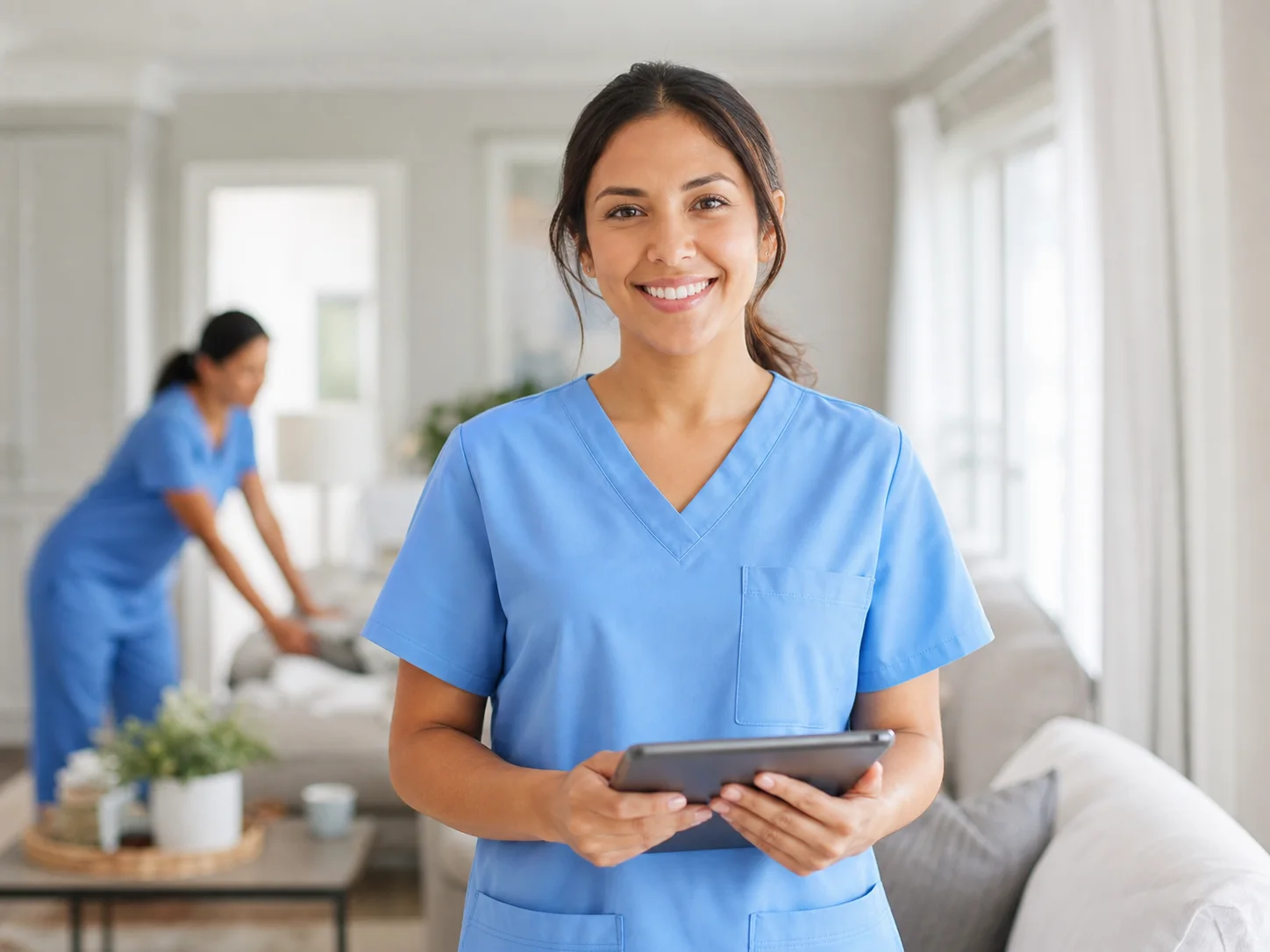 A home health nurse holding a tablet in a bright home